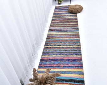 Handgemaakt jute kelimloper vloerkleed: 2 x 9 vintage veelkleurig gestreept vloerkleed
