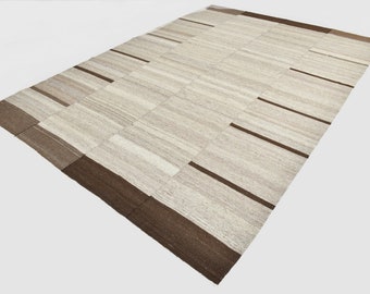 9x12 Area Rug, 9x12 Dark Brown & Beige Striped Kilim Rug, Oversize Kilim Rug, Large Area Rug 9x12 Rugs, Handmade Wool Jute Kilim, Kilim 9x12