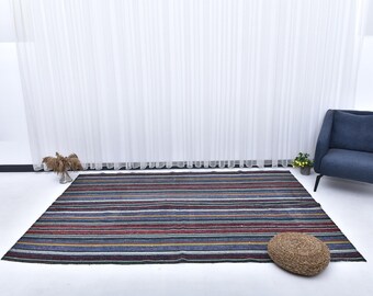 6x9 Bohemian Modern Kilim Rug, 6x9 Kilim Rug, 6x9, Handmade Solid Jute Kilim, 6x9 Rugs, Shades Of Multicolor Carpet, Mid Century Modern, 60s