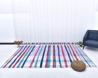 Tapis kilim 6 x 9, tapis kilim moderne à rayures 6 x 9, 6 x 9, tapis noué à la main, tapis 6 x 9, nuances de bleu kilim rouge, tapis vintage 6 x 9, tapis de salon