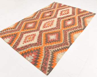6x9 Area Rug, 6x9 Tribal Kilim, 6x9 Orange & Green Kilim Rug, 6x9, Oushak Handmade Kilim, 6x9 Rug, 6x9 Vintage Rug, Geometric Ethnic Style