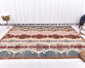 8x10 Area Rug, 8x10 Kilim Rug, 8x10 Brown Beige Kilim Rug, Handmade Wool Jute Kilim Rug, 8x10 Rugs, Striped Modern Style, Rug For Farmhouse