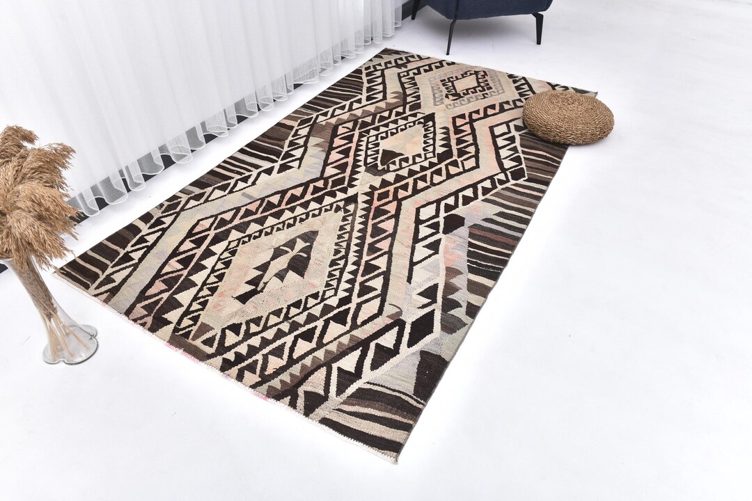 4x8 Inch Rug 4x8 Area Rug 4x8 Kilim Rug 4x8 Dark Brown Cream Kilim Rug 4x8 Persian ...