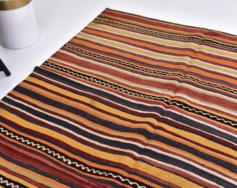5x13 Vintaget Stripet Rug, Terracotta Black Cream Color, Wool Handmade Jute Kilim, Geometric Tribal Rug, 5x13 Hallway Rug