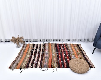 4 x 6 karpet, 4 x 6 gestreepte kelim, 4 x 6 TURKISH VINTAGE kilim vloerkleed, 4 x 6 vloerkleed, handgemaakt wollen kelimtapijt, 4 x 6 vintage vloerkleed, oranjebruin vloerkleed, slaapkamer