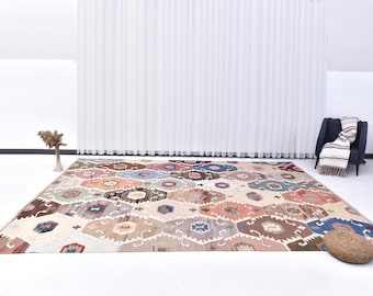 9x12 Bohemian & Geometric Oversize Kilim Rug, Oversize Kilim Rug, 9x12 Rugs, Handmade Wool Jute Kilim Rug, 9x12 Rugs, Oversize Rug 9x12, 58s