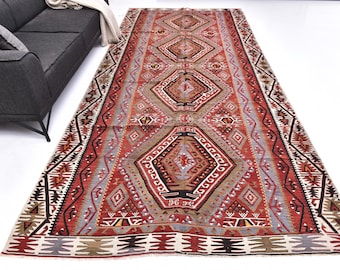 6x13 Oversize Turkish Handmade Kilim Rug, Burgundy Black Cream Color, Vintage Living Room Bedroom Rug, Wool Jute