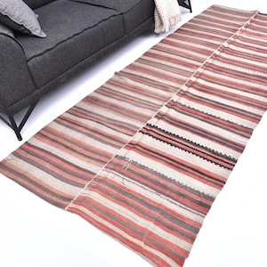 May include: A long, rectangular rug with a striped pattern in shades of red, gray, and cream. The rug is placed on a white surface near a gray sofa. The stripes run lengthwise, creating a visual flow.