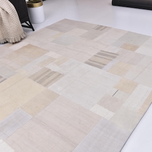 6x8 Cream Color Patchwork Kilim Rug, 6x8 Wool Jute Kilim Rug, Handwoven Tribal Rug, 6x8 Living Room Area Rug, 6x8 Vintage Area Rug