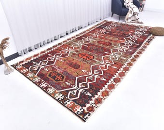 6x12 Area Rug, 6x12 Red Green Long Wide Kilim Rug, 6x12 Kilim Rug, Wool Handwoven Kilim, 6x12 Rug, Long Wide Hallway Rug, Kilim Rug 6x12