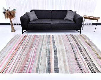 6x8 färgglad Soft Color Kilim matta, 6x8 Kilim matta, 6x8 matta, handknuten matta, 6x8 area matta, rosa beige Kilim matta, mid Century Modern matta