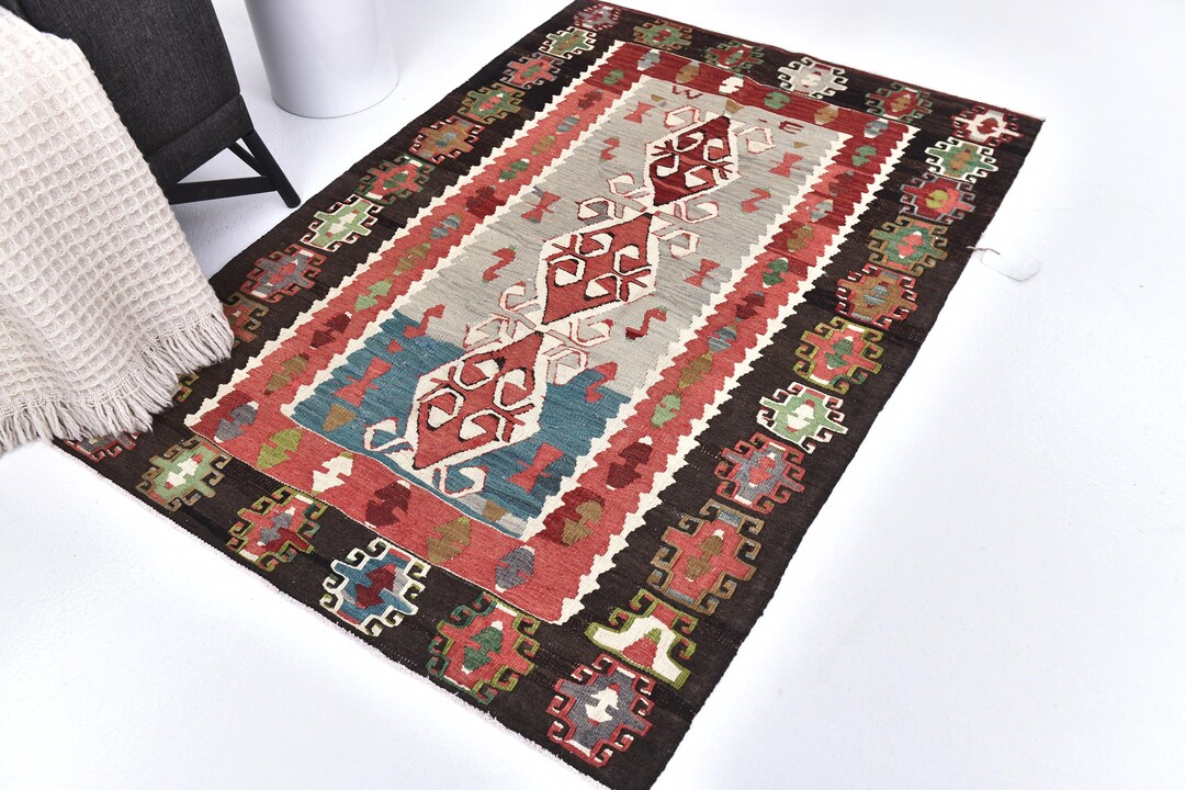 3x5 Vintage Turkish Accent Rug, 3x5 Black Burgundy Color, 3x5 Small ...