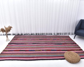 Tapis 6 x 9, kilim 6 x 9, tapis KILIM VINTAGE TURC 6 x 9, kilim tissé main à rayures, tapis 6 x 9, style bohème éclectique, tapis pour chambre à coucher années 60