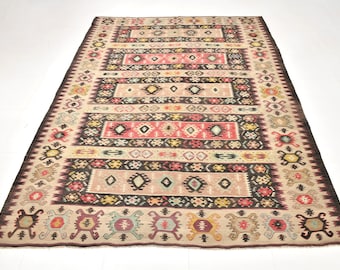 4 x 6 karpet, 4 x 6 vintage Turks kelimtapijt, 4 x 6 kelimtapijt, wollen handgeweven kelim, 4 x 6 vintage tapijt, bruinbeige kelim, geometrische stijl, cadeau