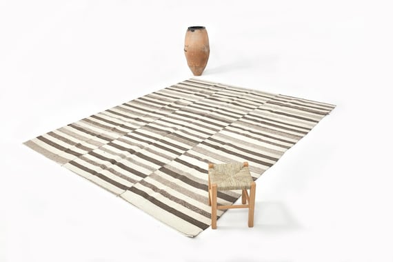 8x10 Rug, 8x10 Modern Striped Kilim Rug, 8x10 Kilim Rug, Wool Handknotted Kilim, 8x10 Vintage Rug, Brown & Beige Kilim, Bohemian Style, Gift