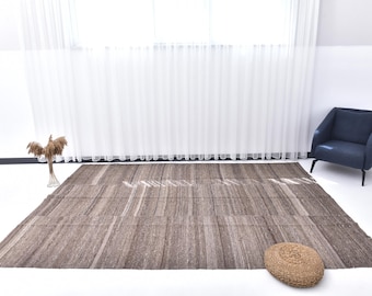 8x10 Area Rug, 8x10 Kilim Rug, 8x10 Brown Jute Kilim Rug, Handmade Wool Jute Kilim Rug, 8x10 Rug, Contemporary Modern Style, Rugged Rugs