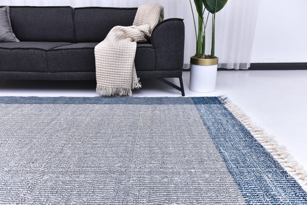 6x9 Handmade Kilim Wool Rug, Blue Gray Fringe Area Rug, 6x9 Living