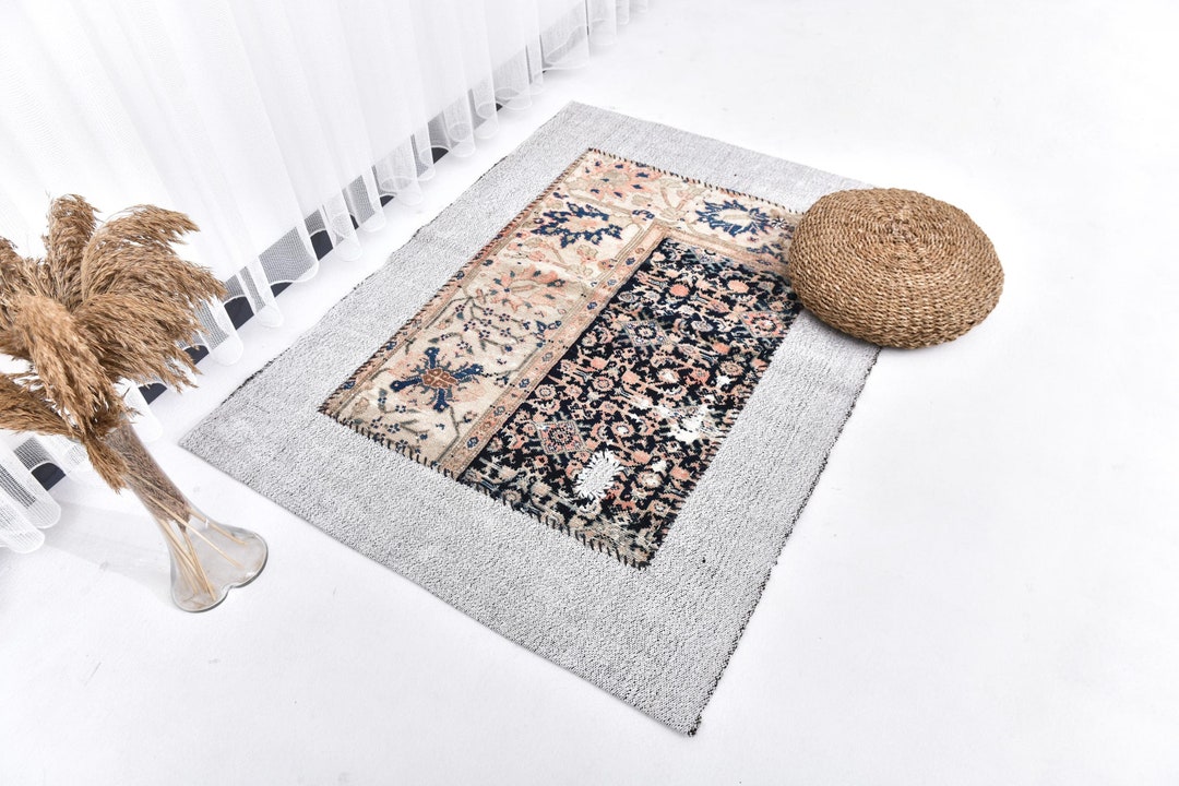 3x4 Navy Blue Beige Vintage Rug, 3x4 Vintage Rug 3x4 Wool Handmade ...