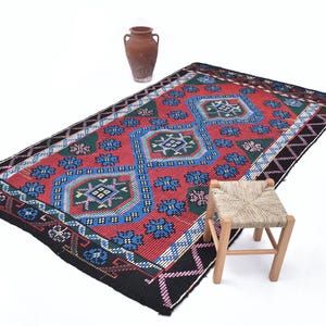 5x9 Area Rug, 5x9 Tribal Kilim, 5x9 Blue Red Vintage Kilim Rug, 5x9, Wool Handmade Kilim, 5x9 Rugs, Geometric Style, Vintage Rug 5x9, Gifts