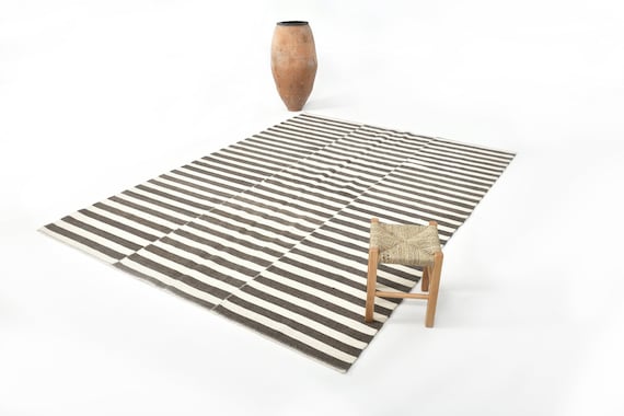 6x9 Dark Brown Beige Large Kilim Rug, Oversized Kilim Rug, Wool Handwoven Kilim, 6x9 Rugs, Modernist Striped Style, Rug For Living Room