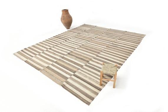 9x12 Area Rug, 9x12 Brown Cream Vintage Kilim Rug, 9x12 Kilim Rug, Wool Handmade Jute Kilim, 9x12 Rug, Modern Stripe Style, 9x12 Vintage Rug