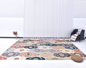 9x12 Area Rug, 9x12 Bohemian Eclectic Oversize Kilim Rug, Oversize Kilim Rug, Large Area Rug, 9x12 Rugs, Dark Blue & Beige Kilim, Antique