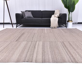 7x10 Oversize Brown Kilim Area Rug, 7x10 Modern Neutral Taupe Living Room Rug, Contemporary Block Pattern Home Decor, 7x10 Neutral Kilim Rug