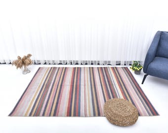 4 x 6 karpet, 4 x 6 gestreepte kelim, 4 x 6 Turks vintage kelimtapijt, 4 x 6, handgemaakte wollen kelim, 4 x 6 tapijten, kleurrijke tinten zachte kleuren kelim, jaren 55