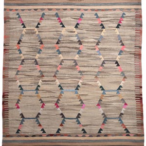 Tapis kilim vintage turc 13 x 15, tapis kilim surdimensionné, grand tapis, tapis 13 x 15, tapis en laine fait main, kilim marron et beige, milieu du siècle moderne