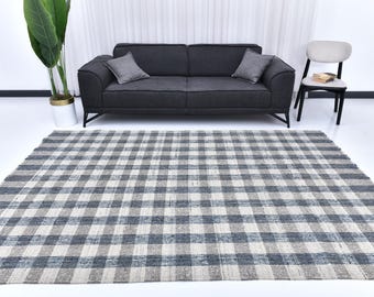 Tapis kilim 6 x 9, tapis kilim moderne à carreaux 6 x 9, 6 x 9, tapis noué à la main, tapis 6 x 9, nuances de bleu gris kilim, tapis vintage 6 x 9 pour salon,
