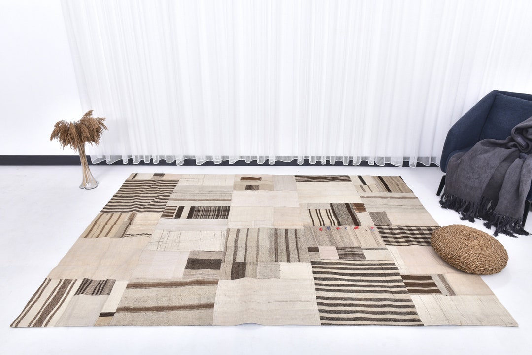 6x8 Rug, 6x8 Beige & Brown Chess Kilim Patchwork Rug, 6x8 Kilim ...