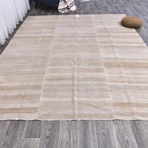 Pu&ograve; includere: Un tappeto beige chiaro con un sottile motivo a righe. Il tappeto ha una trama tessuta e un bordo con frange.