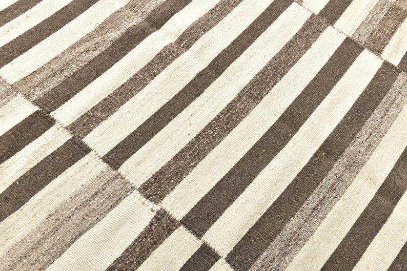 Op de afbeelding: Close-up van een geweven tapijt met een streepjespatroon. Het tapijt heeft afwisselende banden van lichtbeige en donkerbruin. Het ontwerp bestaat uit rechthoekige patches, waardoor een textuur ontstaat.