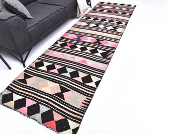3x11 Pink Black Geometric Kilim Runner Rug, Turkish Striped Tribal Rug, Diamond Pattern Flat Weave in Grey White, 3x11 Jute Kilim Rug