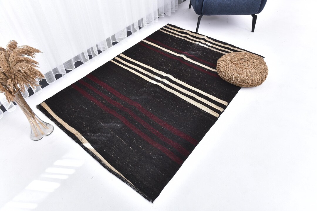 4x5 Area Rug, 4x5 Striped Kilim, 4x5 Black & Brown Kilim Rug, 4x5 ...
