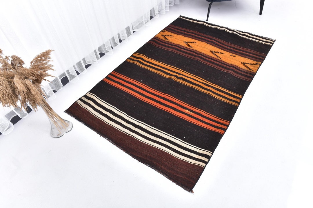 3x6 Area Rug 3x6 Dark Brown Orange Kilim Rug 3x6 Kilim Rug Wool ...