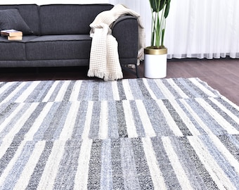 May include: A striped area rug in shades of gray, white, and blue dominates the foreground. The rug's design features vertical stripes of varying widths. A dark gray sofa with pillows and a blanket is in the background, along with a potted plant.