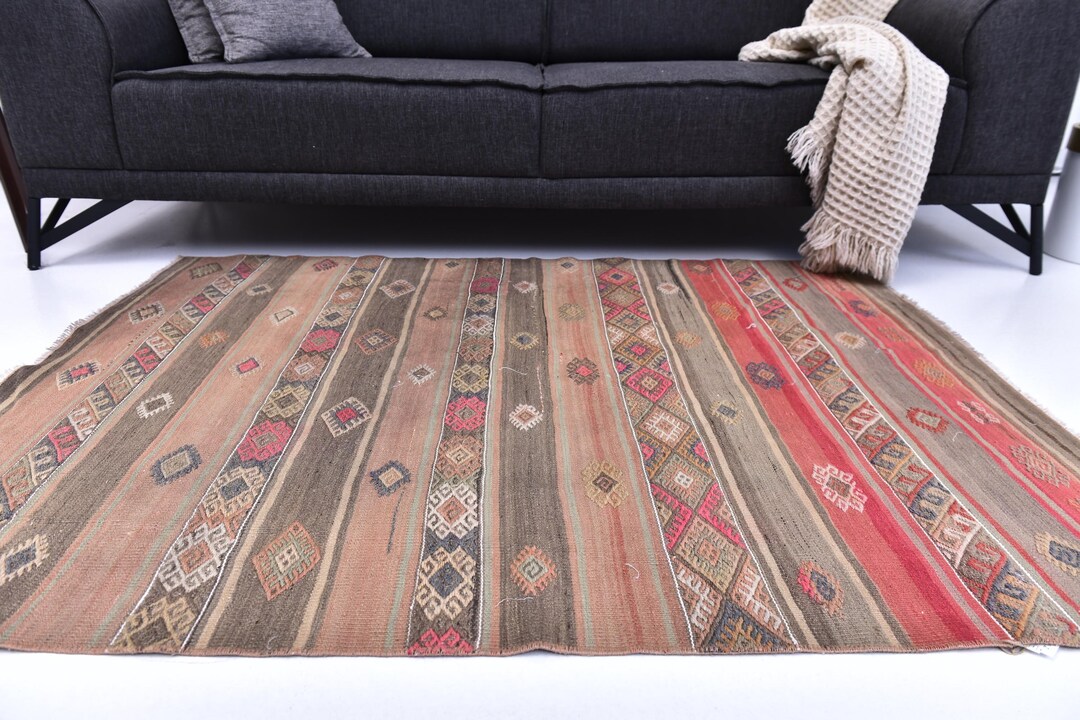 4x5 Red and Brown Kilim Rug, 3x5 Kilim Rug, 4x5 Rug, Handmade Wool Rug ...