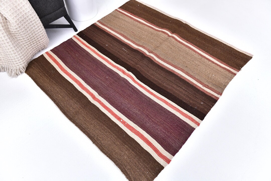 4x4 Square Vintage Kilim Rug, 4x4 Handmade Wool Jute Rug, 4x4 Naturel ...