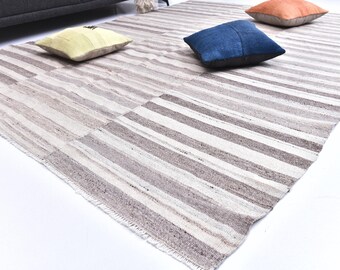 Handwoven 8x10 Kilim Rug: Brown Beige Striped Turkish Rug