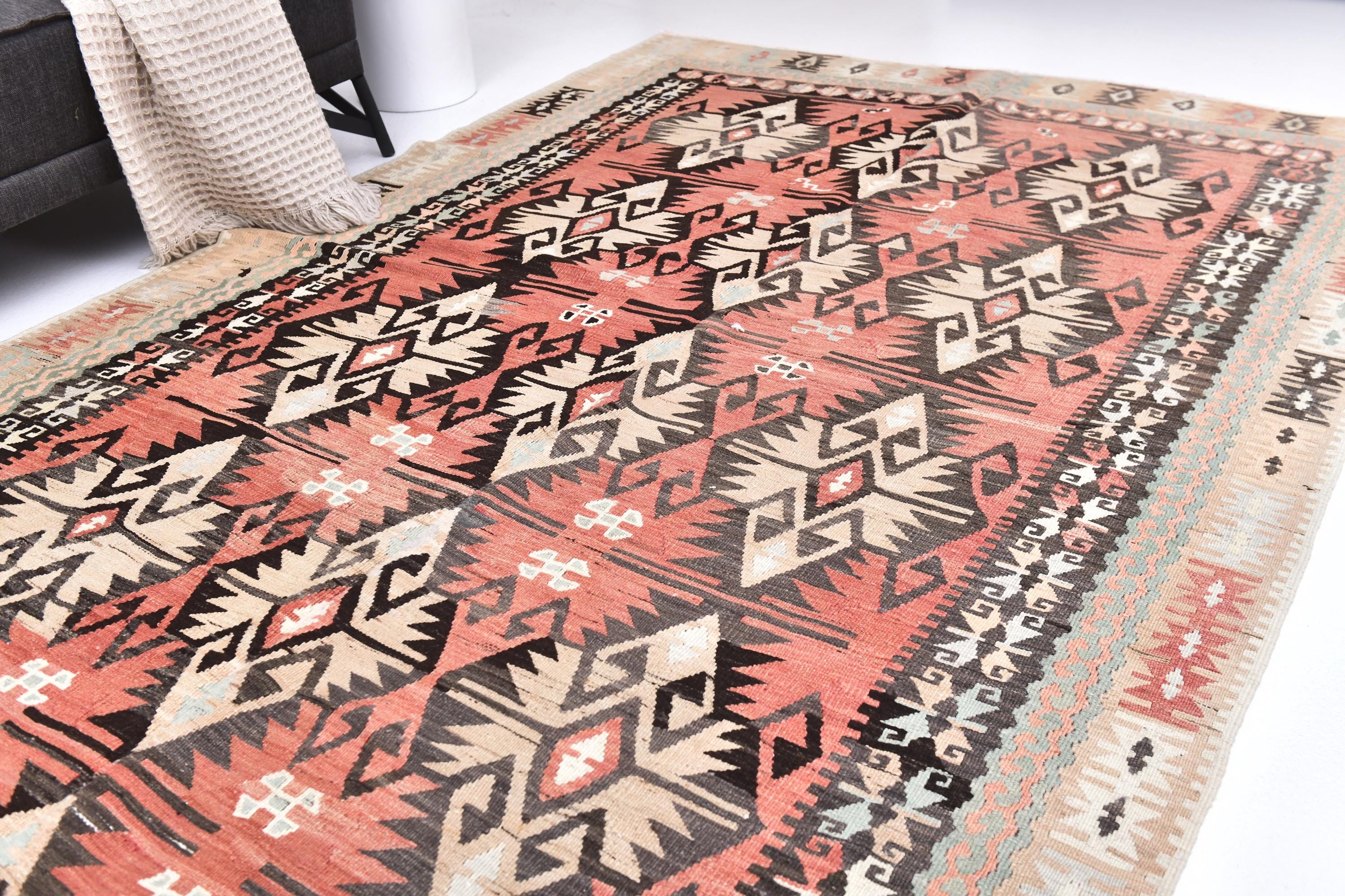 6x12 Vintage Faded Kilim Rug, 6x12 Red Cream Rug, Handmade Tribal