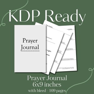 Puede incluir: Una maqueta en blanco y negro de un diario de oración con el texto "Prayer Journal" y "6x9 pulgadas con sangrado - 109 páginas".
