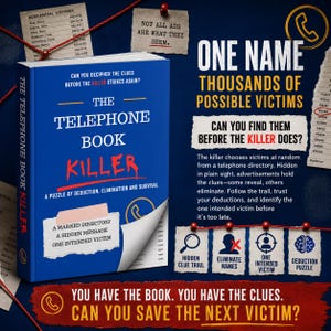 Puede incluir: Un libro azul titulado The Telephone Book Killer con texto en blanco y rojo. La portada presenta una esquina doblada, un icono de teléfono y una nota. El área circundante muestra texto, una lista de nombres y cuatro iconos que representan una lupa, una persona con una X, un objetivo y un cerebro.
