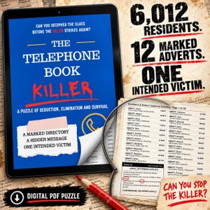 Op de afbeelding: Een digitale tablet toont de blauwe cover van het puzzelspel The Telephone Book Killer. Daarnaast ligt een vergrootglas over een geprinte pagina uit een telefoonboek. De tekst bevat 6.012 inwoners, 12 gemarkeerde advertenties en één beoogd slachtoffer.