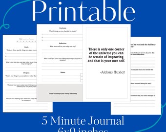 Printable 5 Minute Prompt Journal Men's Health Mental Health Self Therapy Self Improvement Guided Journal Mindfulness