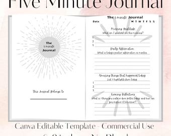 Printable Five Minute Journal Template Daily Prompt Journal Canva Editable Template KDP Template PLR Book Ready To Upload 5 Minute Journal