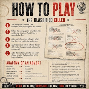 May include: A game titled How to Play The Classified Killer featuring a newspaper page with classified ads, red crossed-out items, and a circled lawn mower entry. The layout includes numbered instructions, an anatomy of an advert guide, and a magnifying glass icon.