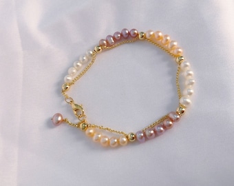 Bracelet double couche de perles tricolores véritable cadeau naturel de perles d'eau douce pour elle