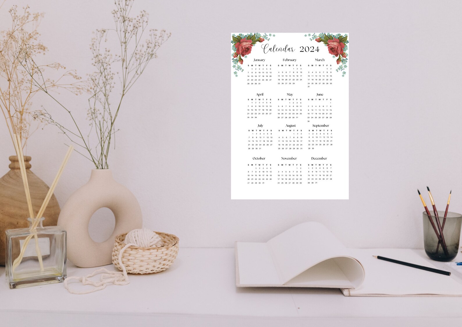 2024 Annual Floral Calendar Vertical A4 Size Sunday Start English, 2024 ...