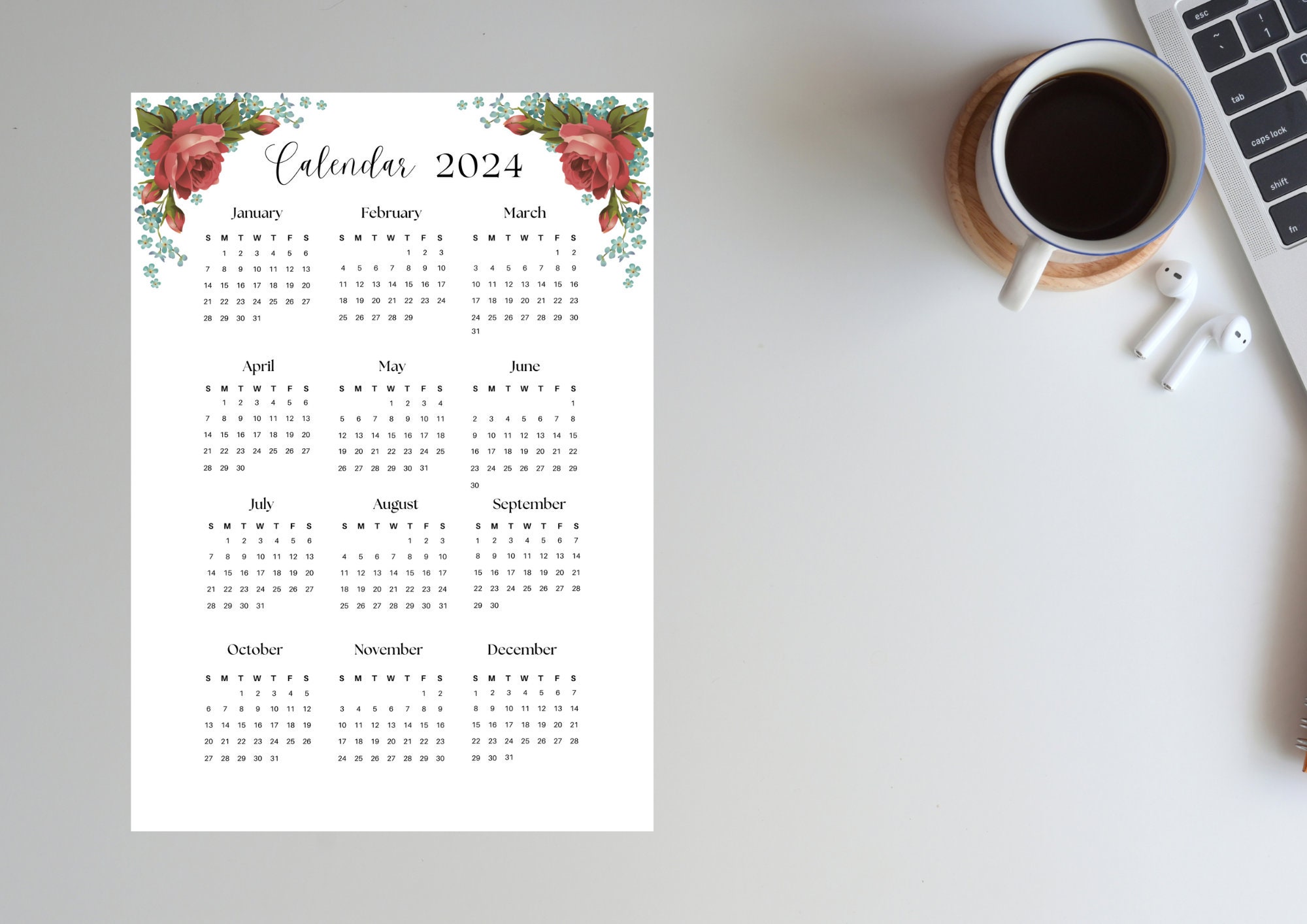 2024 Annual Floral Calendar Vertical A4 Size Sunday Start English, 2024 ...